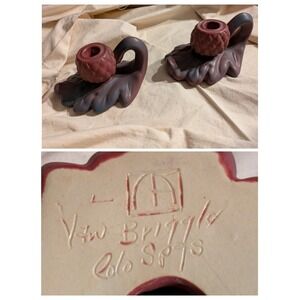 Pair Of Van Briggle Pottery Acorn Leaf Candle Holder Handle Matte Purple 7x 4 in